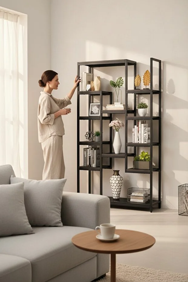 12 Raflı Metal İskeletli Kitaplık Çok Amaçlı Aksesuar Rafı Düzenleyici Raf